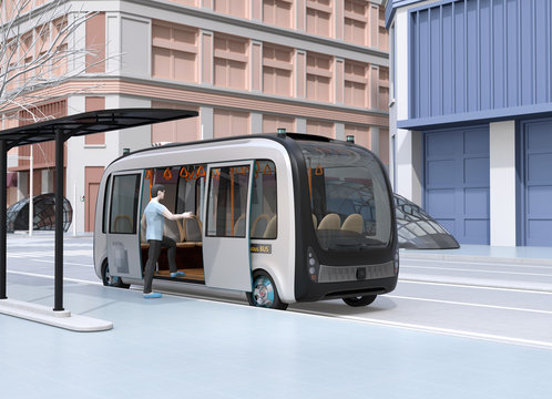 In a bus stop a man get on a autonomous bus. The bus stop equipped with solar panels. 3D rendering image.