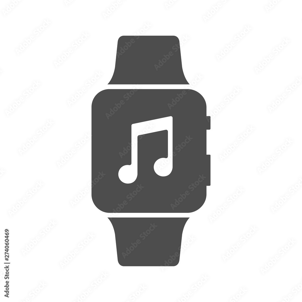 Poster listening music on smart watch. smart watch with musical note vector icon isolated on white backgrou