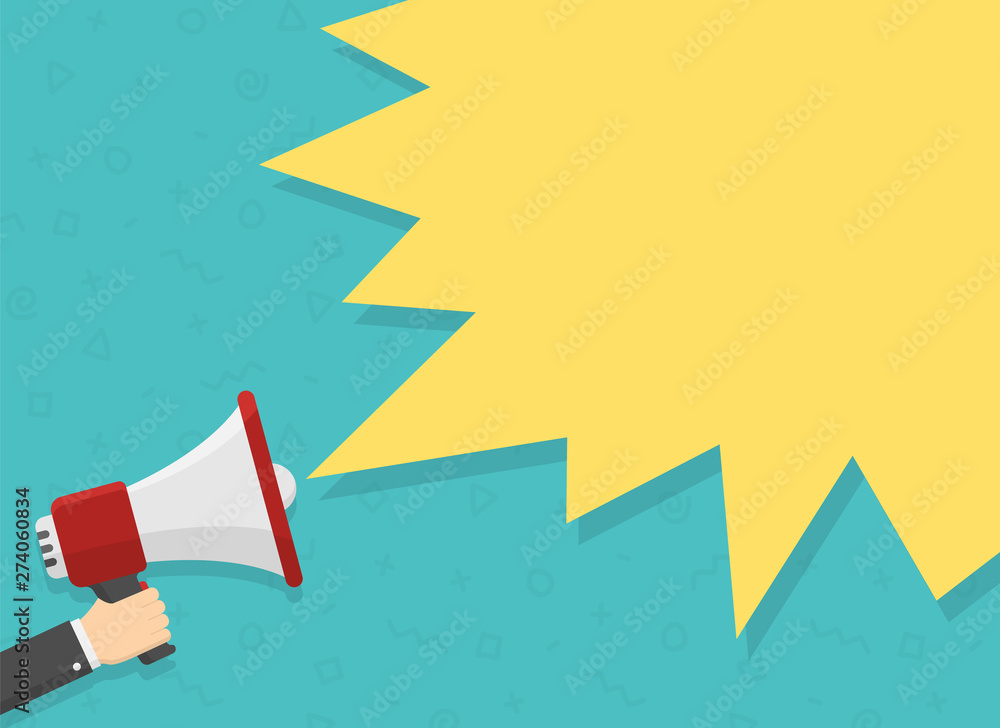 Poster realistic red megaphone in hand with place for text in yellow dialog speech bubble vector illustrati
