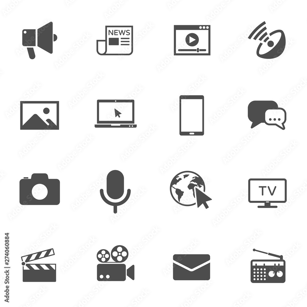 Poster mass media vector icons set isolated on white background. media business concept. media flat icons f