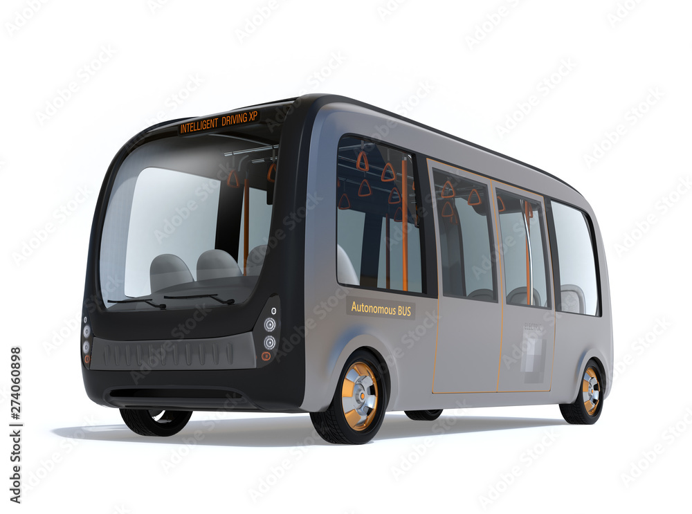 Poster self-driving shuttle bus isolated on white background. 3d rendering image.