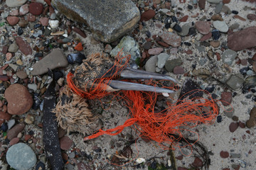 Toter Vogel verfangen im orangen fischernetz