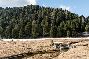 Verschneiter Berg mit einem kleinen Bach in den &ouml;sterreichischen Alpen