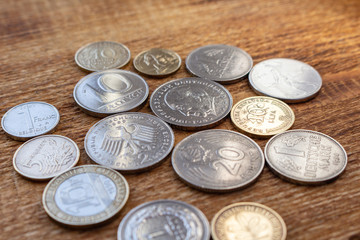 coins old before euro pile pack heap on a wooden background mock up selective focus close up