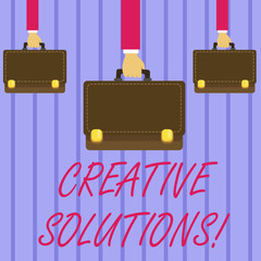 Writing note showing Creative Solutions. Business photo showcasing mental process of creating unique solutions to problem Hands Carrying Brown Briefcase with Running Style and Lock.