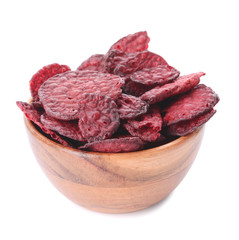 Bowl with tasty beet chips on white background