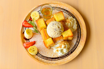 honey toast with vanilla ice-cream and whipped cream