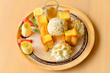 honey toast with vanilla ice-cream and whipped cream