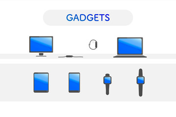 Mobile portable gadgets devices smartphone tablet monitor laptop watch gray with colourful blue screen icon logo set collection mockup