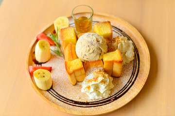 honey toast with vanilla ice-cream and whipped cream