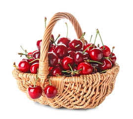 Fototapeta na wymiar Basket with sweet ripe cherry on white background