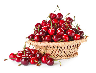 Bowl with sweet ripe cherry on white background