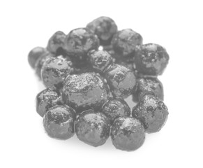 Delicious black caviar on white background