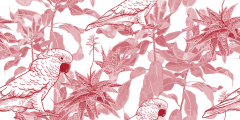 Rotes und weißes nahtloses Muster. Kaktus, Ficus und Kakadu. © marinavorona