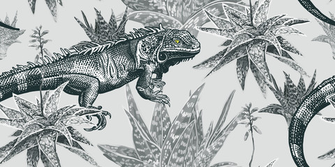 Plants and lizards. Iguana and succulents. Vintage seamless pattern - obrazy, fototapety, plakaty