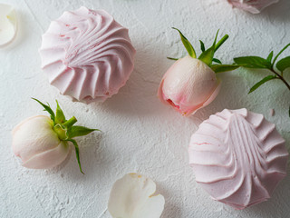 Delicate buds of pink roses and airy marshmallows. Flat Lay. Copy space.