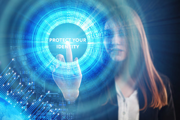 The concept of business, technology, the Internet and the network. A young entrepreneur working on a virtual screen of the future and sees the inscription: Protect your identity