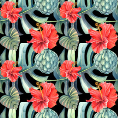 Tropical seamless pattern with red hibiskus flowers, vintage tropical leaves on a dark background. Hand painted in watercolor. Perfect for design, patterns, greeting cards, posters, website, DIY and o © Evgeniia