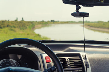 Car interior, trip to nature