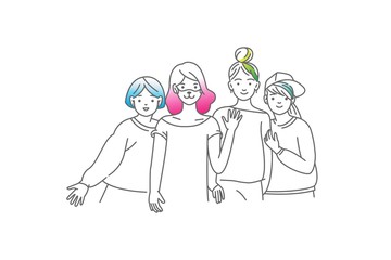 Group of smiling teenage girls, friends standing together, embracing each other, waving hands. Happy students isolated on white background. One colour line art cartoon vector illustration.