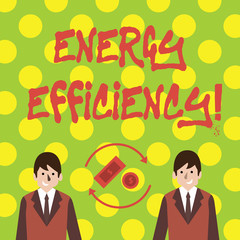 Conceptual hand writing showing Energy Efficiency. Business photo text means using less energy to provide same services Money in Dollar Sign in Rotating Arrows Between Businessmen.