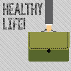 Text sign showing Healthy Life. Conceptual photo physical activities weight analysisagement and stress analysisagement Businessman Hand Carrying Colorful Briefcase Portfolio with Stitch Applique.