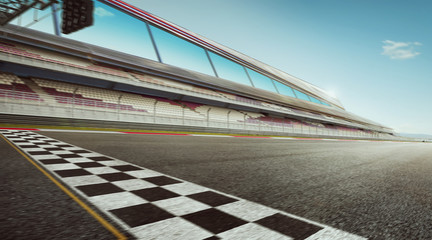 Wide angle view empty asphalt international race track with start and finish line , motion blur effect apply . - obrazy, fototapety, plakaty