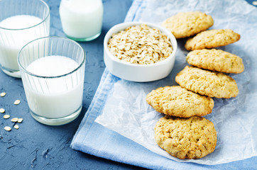 Oatmeal cookies with oats and glass of milk