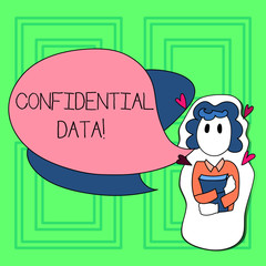 Word writing text Confidential Data. Business concept for term that typically represents them as classified Girl Holding Book with Small Hearts Around her and Two Color Speech Bubble.