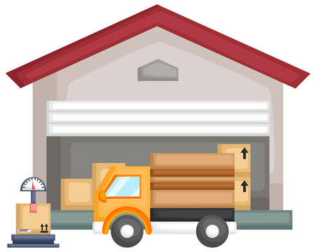 a vector of a warehouse full of package with a truck and scale