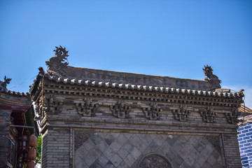 Ancient Chinese Architectural Gateway Wall under Clear Sky and White Cloud, Pingyao County, Jinzhong City, Shanxi Province, China