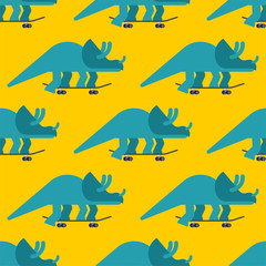 Triceratops on skateboard pattern seamless. Dino Skateboarder background. Prehistoric lizard monster riding longboard