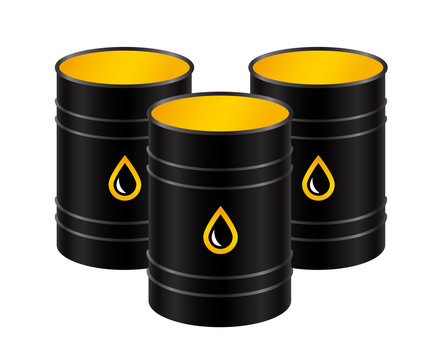 Black metal realistic barrels with oil, isolated on a white background. Vector illustration.