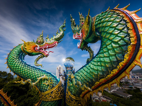 Naga Or Serpent Statue In Wat Khao Phra Kru Temple, Chonburi Province Thailand, The Belief Of Buddhism, Thai Temple