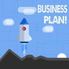 Conceptual hand writing showing Business Plan. Business photo text setting out business future objectives for achieving them Colorful Spacecraft Shuttle Launching New Business Startup.