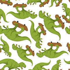 Tyrannosaurus on skateboard pattern seamless. Dino Skateboarder background. T Rex texture. Prehistoric lizard monster riding longboard