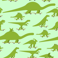 Dino on skateboard set pattern seamless. Dinosaur Skateboarder background. Prehistoric lizard monster riding longboard