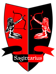 the emblem in the form of a shield with the image of a girl with a crossbow, represents the zodiac sign Sagittarius