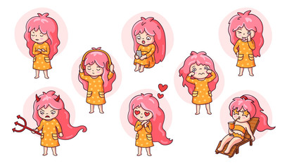 Kawaii baby girls in various poses, in different moods and facial expressions. Set of funny cartoon characters. Vector illustrations.