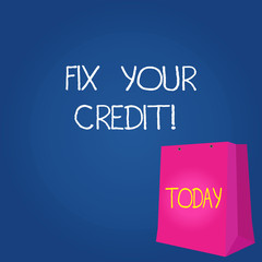 Text sign showing Fix Your Credit. Conceptual photo fixing poor credit standing deteriorated different reasons Color Gift Bag with Punched Hole but Without Handle on Twotone Blank Space.