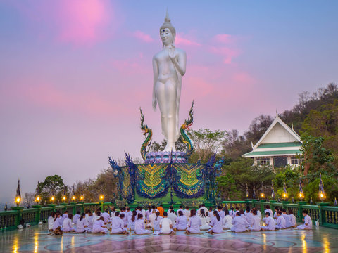 KHAO PRA KRU, CHONBURI, THAILAND - MARCH 16 2019 : Wat khao phra kru temple, Meditation group with buddha image at Makha Bucha Day in Wat khao phra kru Pattaya Thailand