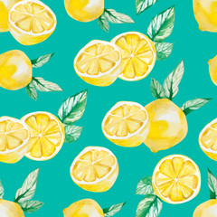 Watercolor tropical fruit pattern. Lemon print for the textile fabric, wallpaper, poster background, vibrant intense colour