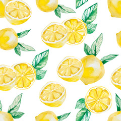 Watercolor tropical fruit pattern. Lemon print for the textile fabric, wallpaper, poster background, vibrant intense colour