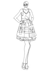 Fashion women illustration in long dress. Fashion illustration silhouette of model in line sketching. Hand drawn young model art. Woman in long dress with pleats in black ink lines illustration