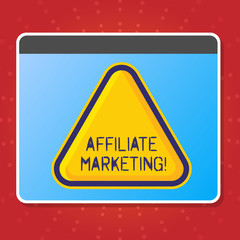 Conceptual hand writing showing Affiliate Marketing. Business photo text arwhich online retailer pays commission external website Blank Yellow Embossed Triangle with Border as Web Button In Screen.