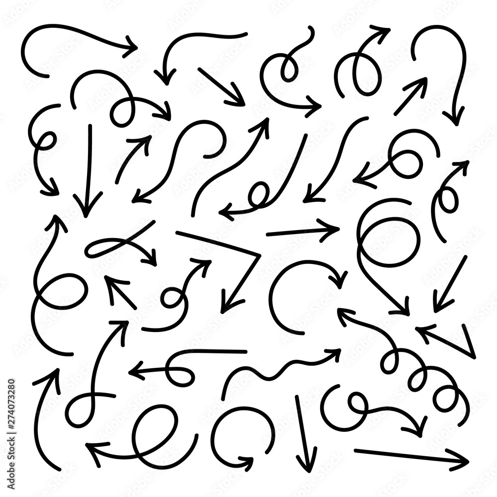 Poster Collection of curves drawn arrows. Set of vector arrows in doodle style isolated on white background. Element for decoration.