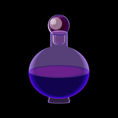 Isolated on black bright violet litlle bottle, vector ink bottle, cute transparent glass single vial on black back, simple cartoon isolate, purple phial illustration, liquid in flat style jar