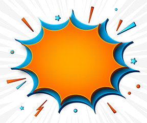 Comics background. Cartoon poster in pop art style with orange-blue speech bubbles with halftone and sound effects. Funny colorful banner with place for text on white backdrop with radial stripes