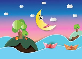 Paper art landscape with village In the season of Christmas and New Year's welfare abstract background.