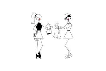 Two girls shopping in shopping mall, hand drawing illustrations vectors, 